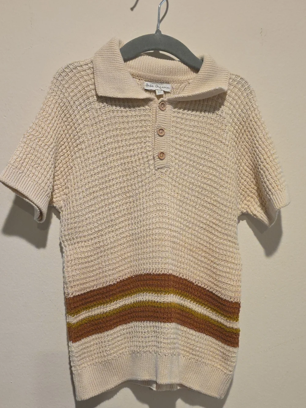Bebe Organic Kids Cream Knit Polo Top with Brown & Olive Stripes Size 6